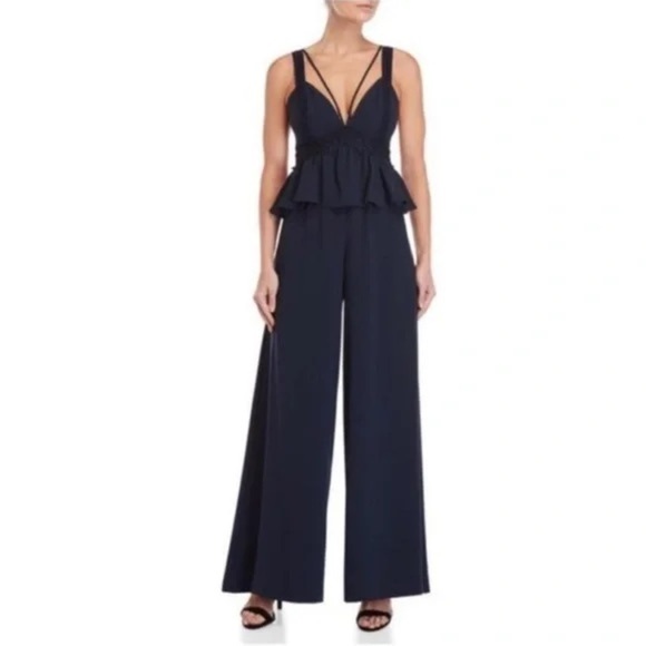 BCBGMaxAzria Pants - BCBGMaxAzria Wide-Leg Peplum Jumpsuit, Navy Blue, size L